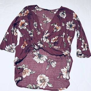Purple floral print 3/4 length sleeve open blouse